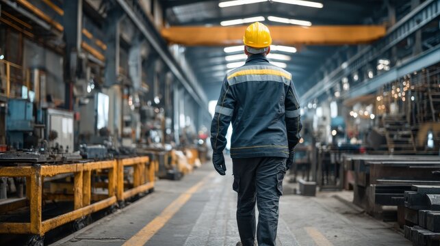 Industrial Engineer in Hard Hat Wearing Safety Jacket Walks Through Heavy Industry Manufacturing Factory with Various Metalworking Processes