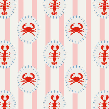 Vintage Mediterranean  seamless pattern with crabs and lobsters in circular frames on Stripes. Coastal summer marine print for fabric, wrapping paper, and beach decor.