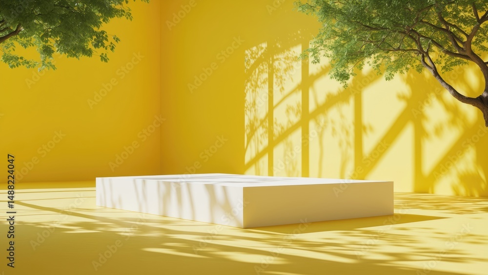 Aufkleber empty white platform with podium and shadows of trees