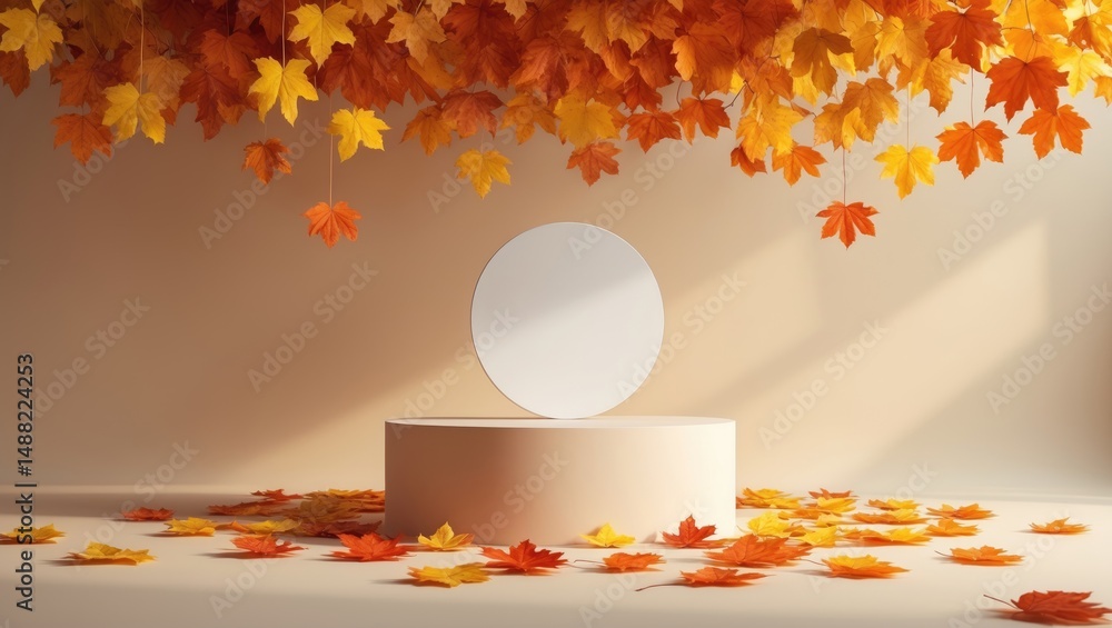 Poster contemporary product showcase featuring a podium set against autumn foliage. simple stage display. f