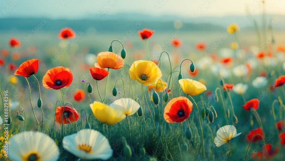 Aufkleber stunning vibrant widescreen floral border featuring multi-colored poppies in a natural close-up with