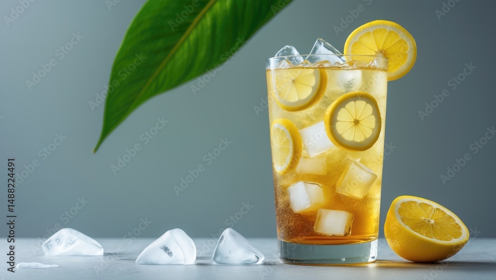 Poster chilled iced tea served with ice and lemon. iced tea lemonade in the background with green foliage.