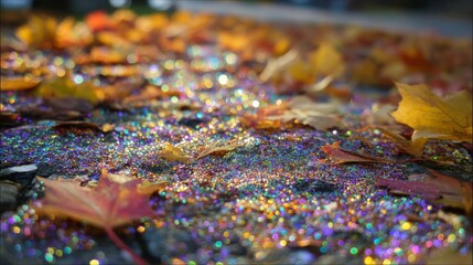 Obraz premium Iridescent Glitter Scattered on the Ground Among Autumn Leaves