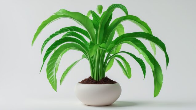 Side view of Ornamental potted Dracaena janet craig, also known as Dragon plant or Water Stick Plant, featuring striped green sword-shaped glossy leaves isolated on a white background