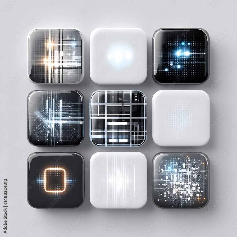 Poster abstract grid array of luminous squares showcasing varied graphic textures