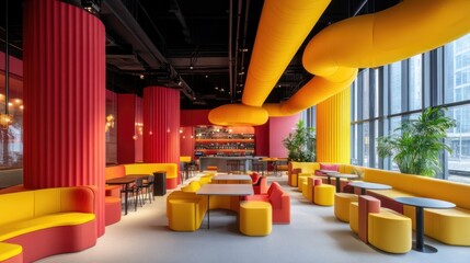 Vibrant Yellow and Red Lounge Interior Design