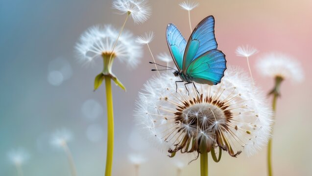 Fototapeta Natural pastel scenery displaying Morpho butterfly and dandelion. Water beads on dandelion seeds.