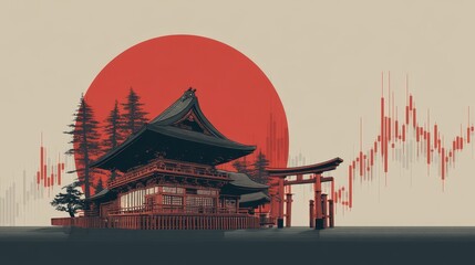 japan stock market, which is depicted as a combination of typical japan features and a stock chart