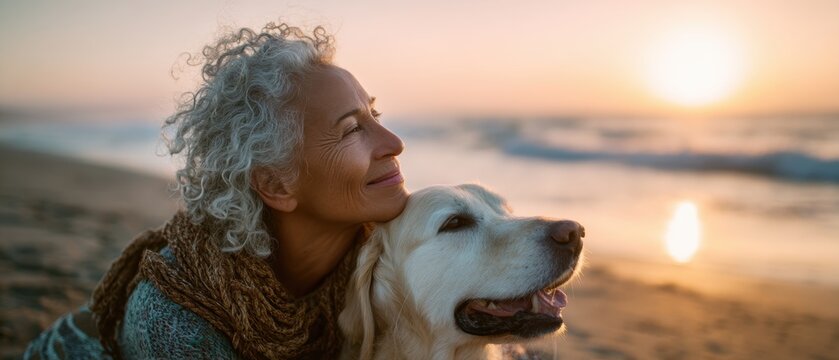 An older woman smiles, sitting with her golden retriever on the beach at sunset, enjoying a peaceful moment by the ocean.