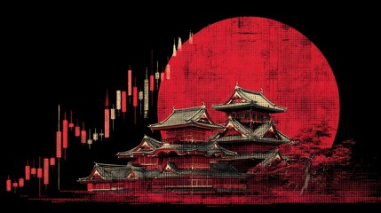 japan stock market, which is depicted as a combination of typical japan features and a stock chart