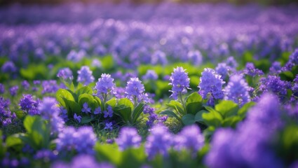 Fototapeta premium Blooming flower bed with vibrant flowers, floral backdrop, spring scenery. Close-up macro image, selective emphasis.