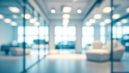 Contemporary blurred office space, illuminated work environment backdrop, transparent window, white interior hall design with overhead lighting. Blurred visuals for marketing and presentations.