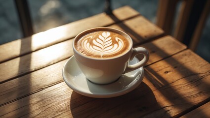 Delicious flat white with foam art in a white cup placed on a wooden table at a specialty coffee shop during summer