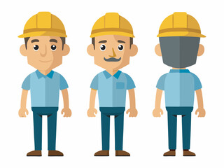 Engineer wearing hard hat. Character constructor for animation. Front, side and back Body view set. Vector illustration.