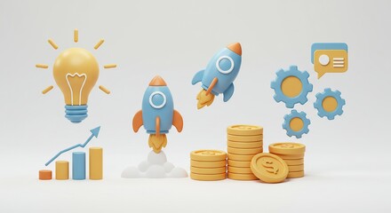3D Business and Startup Icon Set – Innovation, Growth, and Finance