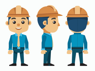 Engineer wearing hard hat. Character constructor for animation. Front, side and back Body view set. Vector illustration.