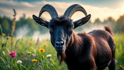 Fototapeta premium Black goat in summer field - selective focus