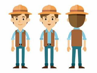 Engineer wearing hard hat. Character constructor for animation. Front, side and back Body view set. Vector illustration.