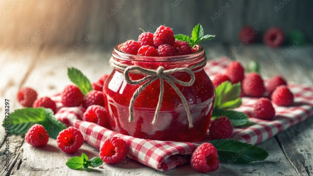 Poster raspberry jam marmalade blended with fresh raspberries and mint. ruby berry.