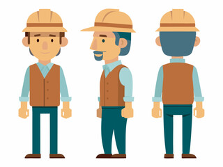 Engineer wearing hard hat. Character constructor for animation. Front, side and back Body view set. Vector illustration.