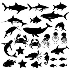 Black silhouette collection of diverse marine life including fish, sharks, octopuses, and seaweed on a white background, arranged in a dense pattern for aquatic-themed designs or illustrations.