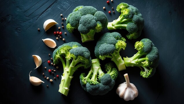 Close-up of vibrant broccoli and vegetables on a dark surface for gourmet cuisine