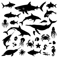 Black silhouette collection of diverse marine life including fish, sharks, octopuses, and seaweed on a white background, arranged in a dense pattern for aquatic-themed designs or illustrations.