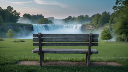 Fototapeta premium From Reversing Falls Park Featuring a Vacant Wooden Bench in the Foreground