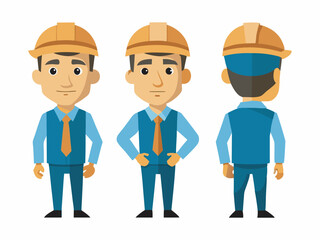 Engineer wearing hard hat. Character constructor for animation. Front, side and back Body view set. Vector illustration.