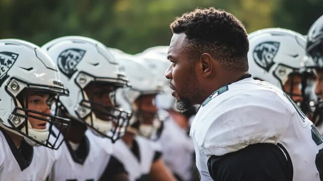 A tense moment during a team huddle in an intense football practice session.