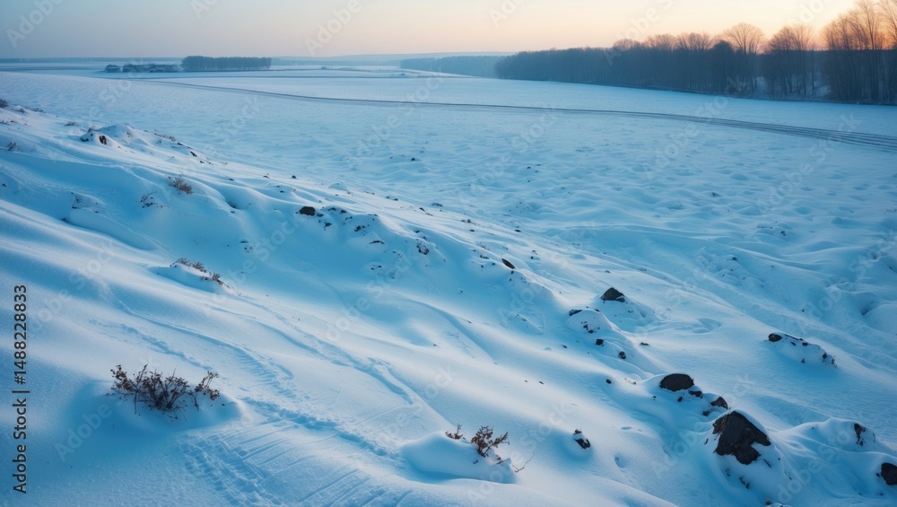 Aufkleber wide-angle perspective of a snow-blanketed field featuring snowdrifts with footprints and tire marks