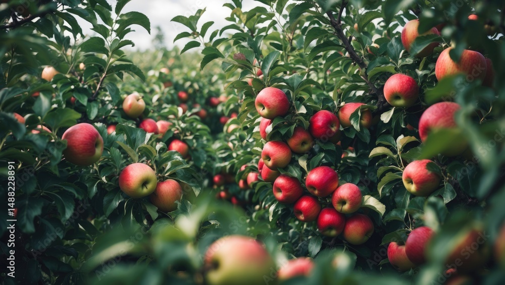 Poster orchard featuring red apples. colorful red apples on trees set for collection.