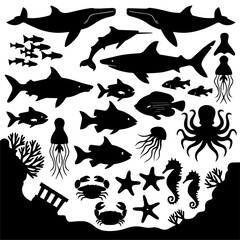 Black silhouette collection of diverse marine life including fish, sharks, octopuses, and seaweed on a white background, arranged in a dense pattern for aquatic-themed designs or illustrations.