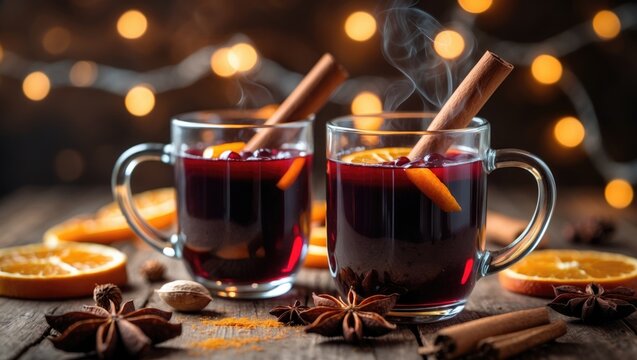 Spicy hot mulled wine in glass vessels with orange wedges on a wooden table