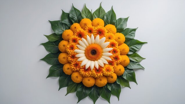 Rangoli made with mango leaves and marigold or zendu flowers on a white background, providing copy space in the center, selective focus