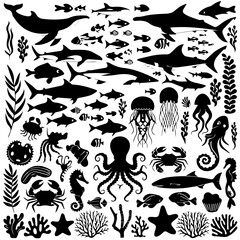 Black silhouette collection of diverse marine life including fish, sharks, octopuses, and seaweed on a white background, arranged in a dense pattern for aquatic-themed designs or illustrations.