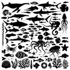 Black silhouette collection of diverse marine life including fish, sharks, octopuses, and seaweed on a white background, arranged in a dense pattern for aquatic-themed designs or illustrations.