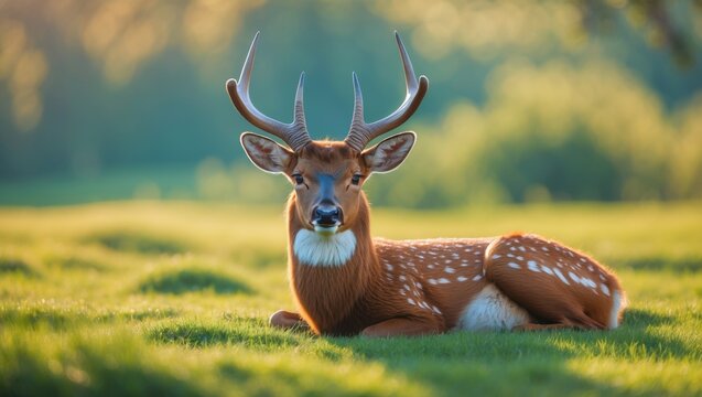 On a sunny day, a lone male sika deer with horns lounges on the grass.