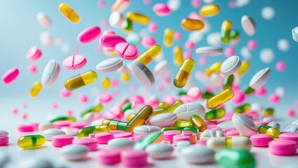 Tablets and Capsules in Flight against a White Background: Medical Idea