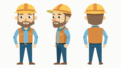 Engineer wearing hard hat. Character constructor for animation. Front, side and back Body view set. Vector illustration.