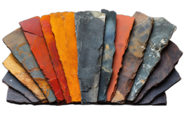 Colorful pile of slates in various shades, sizes, and shapes, isolated on transparent background.