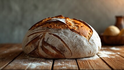 Homemade sourdough bread on a wooden kitchen countertop. Close-up image showcasing its deliciousness.