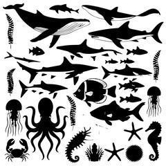 Black silhouette collection of diverse marine life including fish, sharks, octopuses, and seaweed on a white background, arranged in a dense pattern for aquatic-themed designs or illustrations.