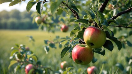 Obraz premium In a spacious meadow, an apple tree bears young apples on its limbs.