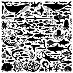 Black silhouette collection of diverse marine life including fish, sharks, octopuses, and seaweed on a white background, arranged in a dense pattern for aquatic-themed designs or illustrations.