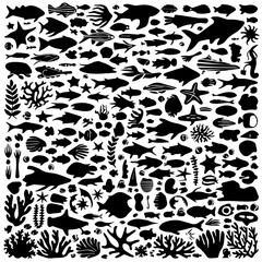 Black silhouette collection of diverse marine life including fish, sharks, octopuses, and seaweed on a white background, arranged in a dense pattern for aquatic-themed designs or illustrations.