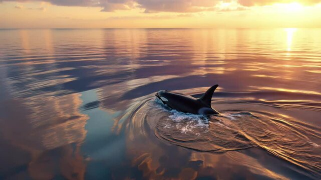rca glides across glowing ocean at sunset. Orca breaks the water&rsquo;s surface with silent grace. Orca travels toward horizon under golden sky	
