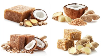 Coconut squares & ginger roots arranged in collage on a white background, clean & appetizing