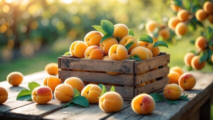 Ripe apricots freshly harvested in a wooden box on a table.