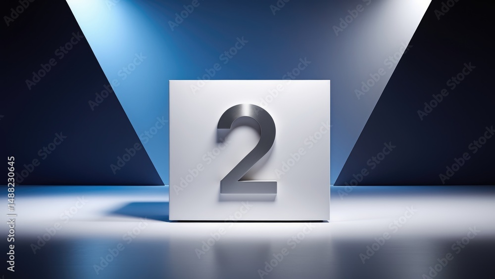 Poster white rectangular cube pedestal featuring a numbered position on a spotlight backdrop.